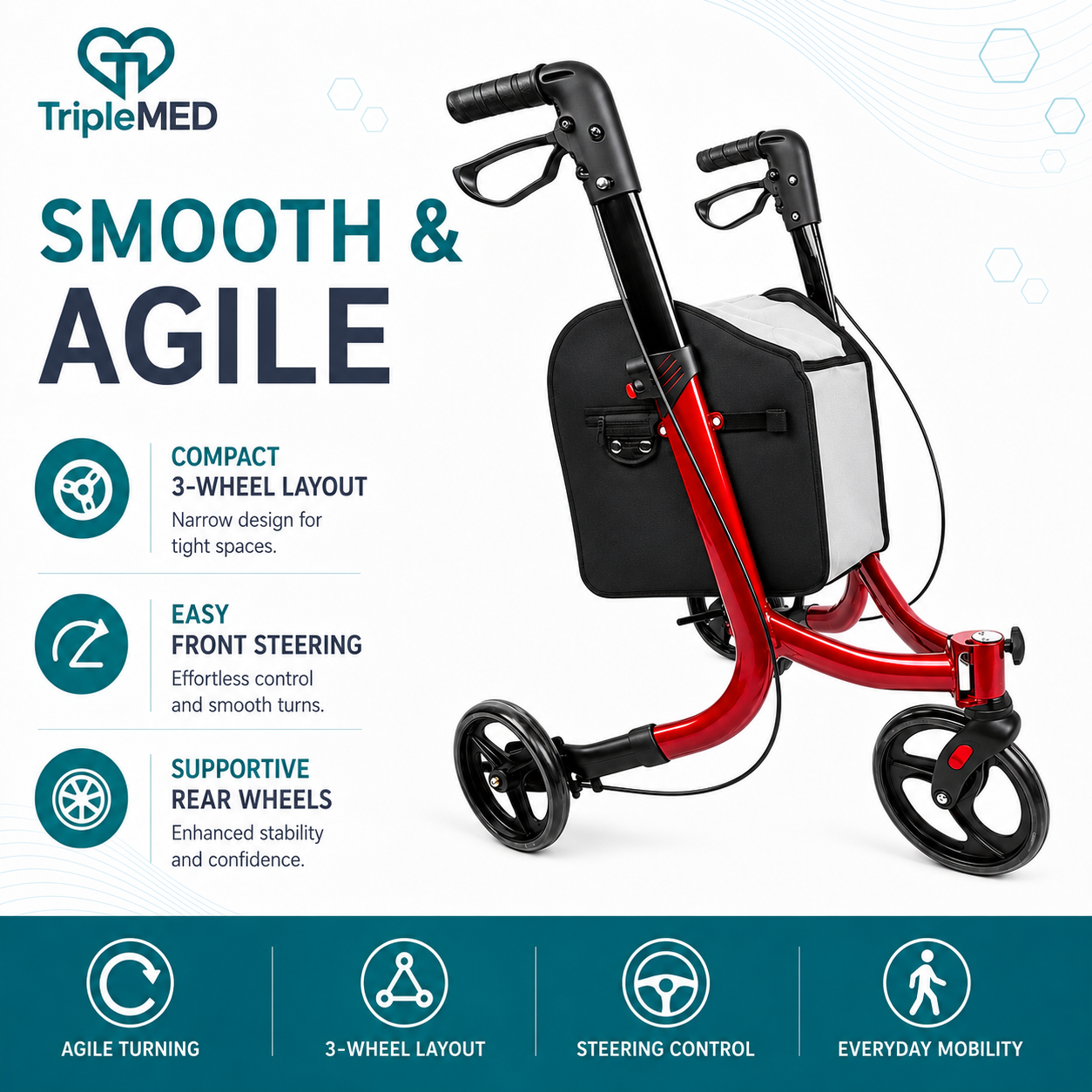 TripleMED Three-Wheel Aluminium Rollator Walker with Bag Red