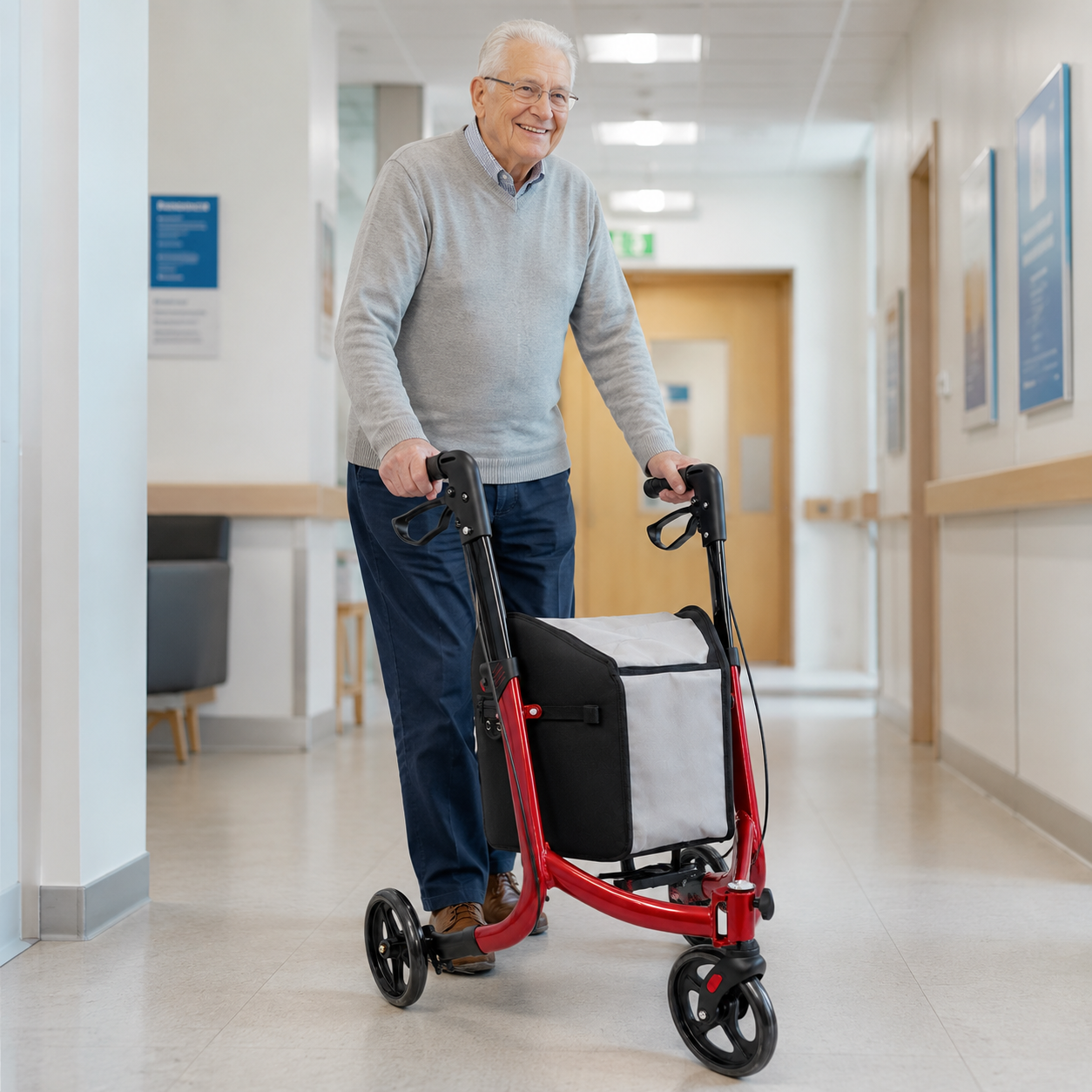 TripleMED Three-Wheel Aluminium Rollator Walker with Bag Red