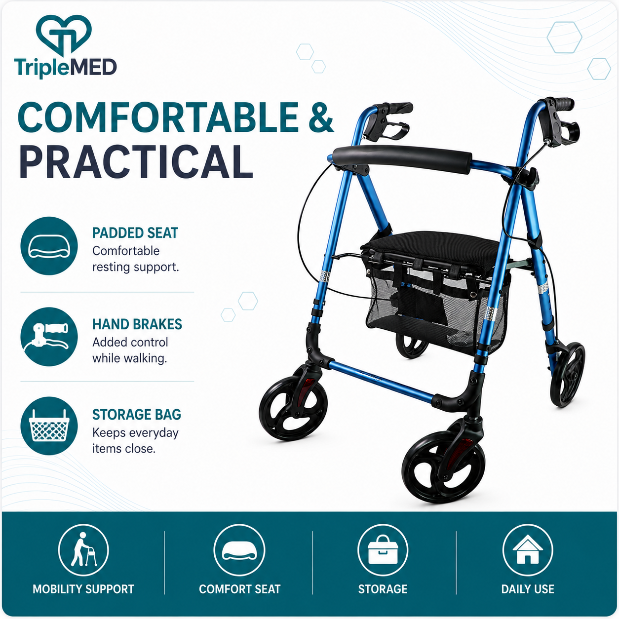 TripleMED Aluminium Rollator Walker with Seat and Backrest - Blue