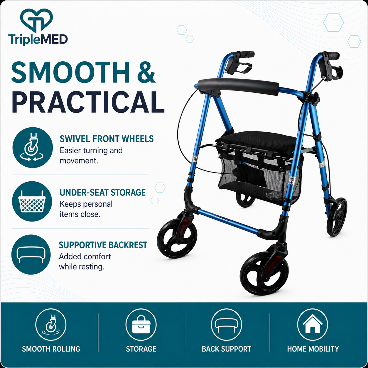 TripleMED Aluminium Rollator Walker with Seat and Backrest - Blue