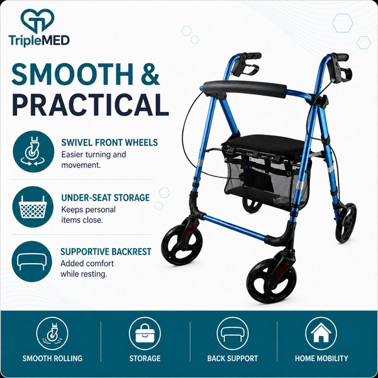TripleMED Aluminium Rollator Walker with Seat and Backrest - Blue