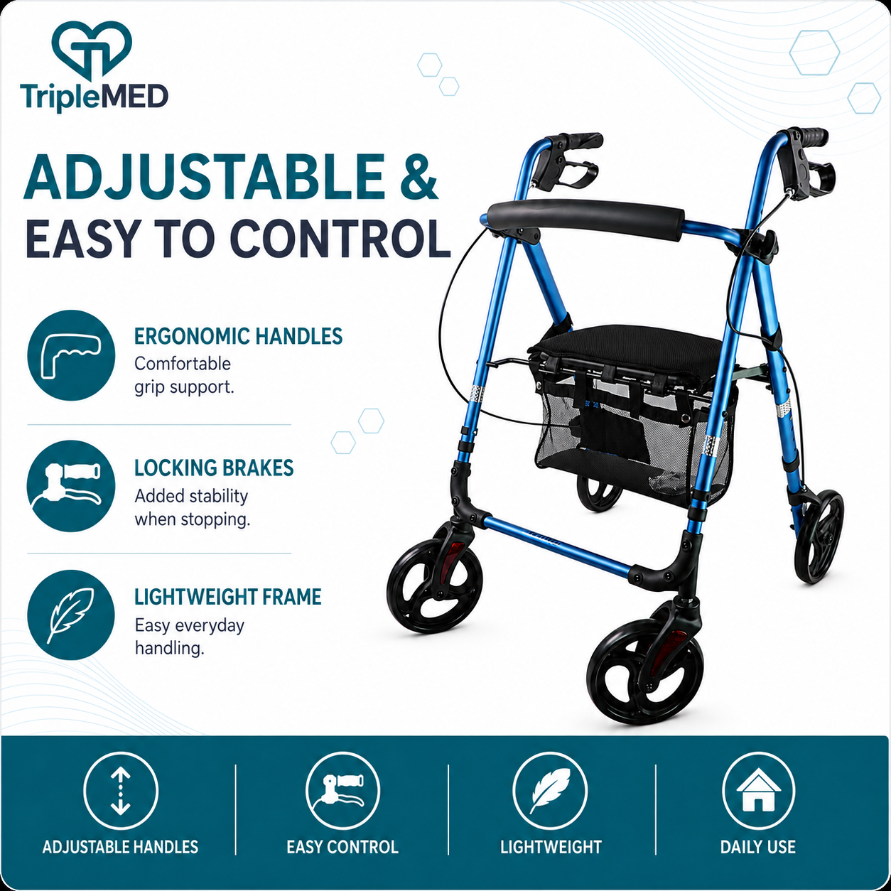 TripleMED Aluminium Rollator Walker with Seat and Backrest - Blue