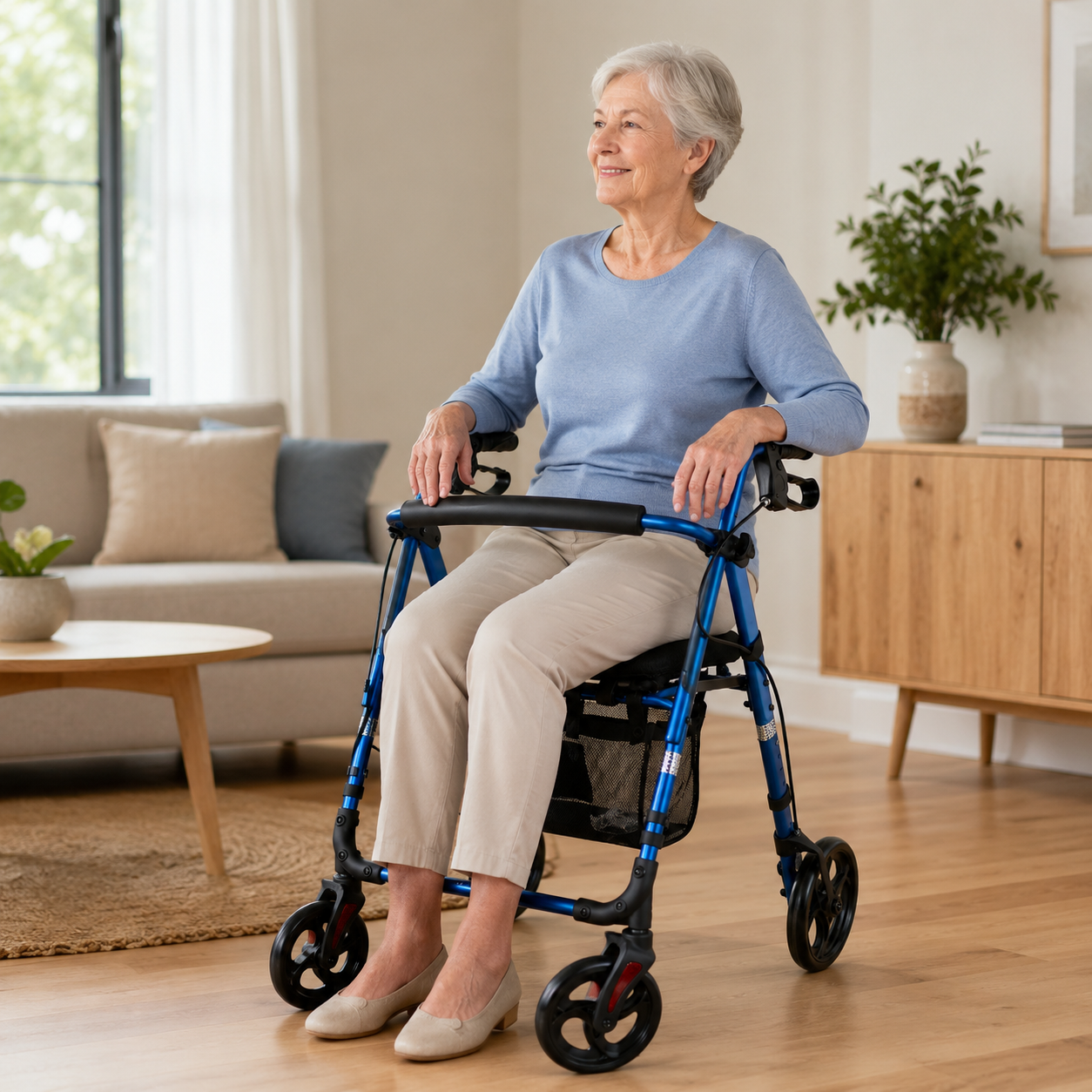 TripleMED Aluminium Rollator Walker with Seat and Backrest - Blue