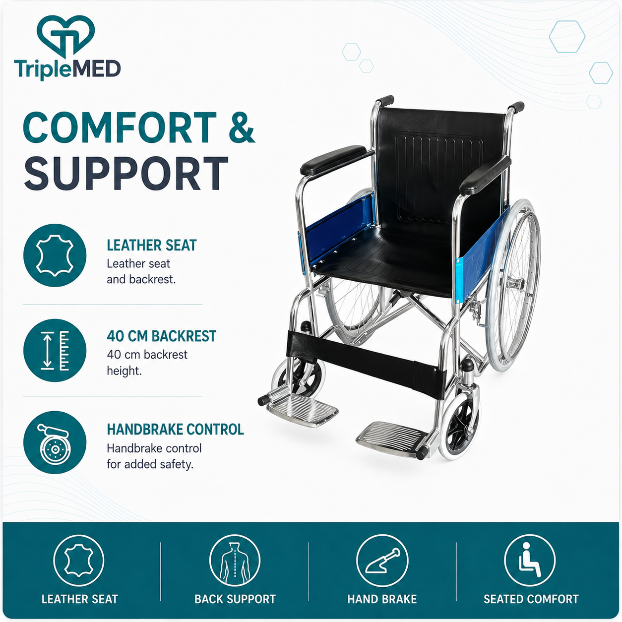 TripleMED Aluminium Manual Wheelchair with 46cm Seat - Silver
