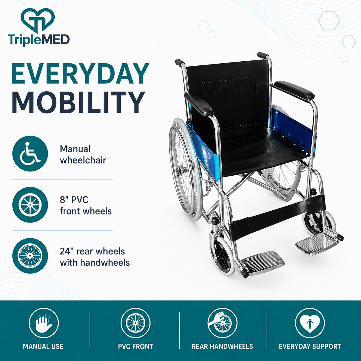 TripleMED Aluminium Manual Wheelchair with 46cm Seat - Silver