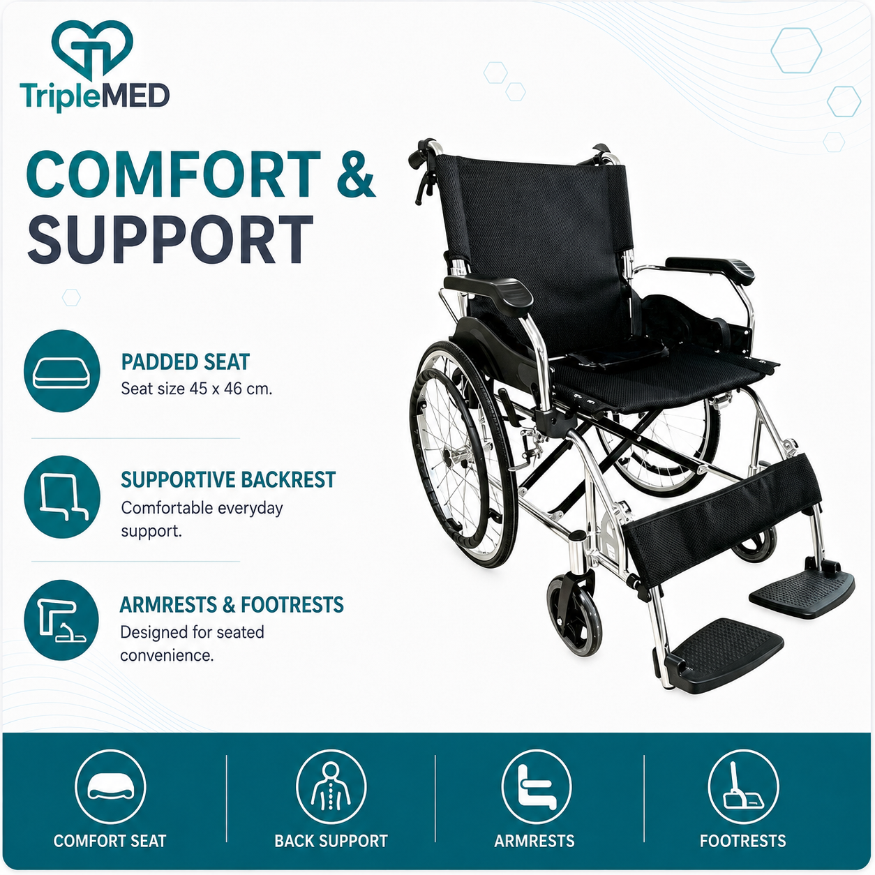 TripleMED Lightweight Foldable Aluminium Manual Wheelchair - Black