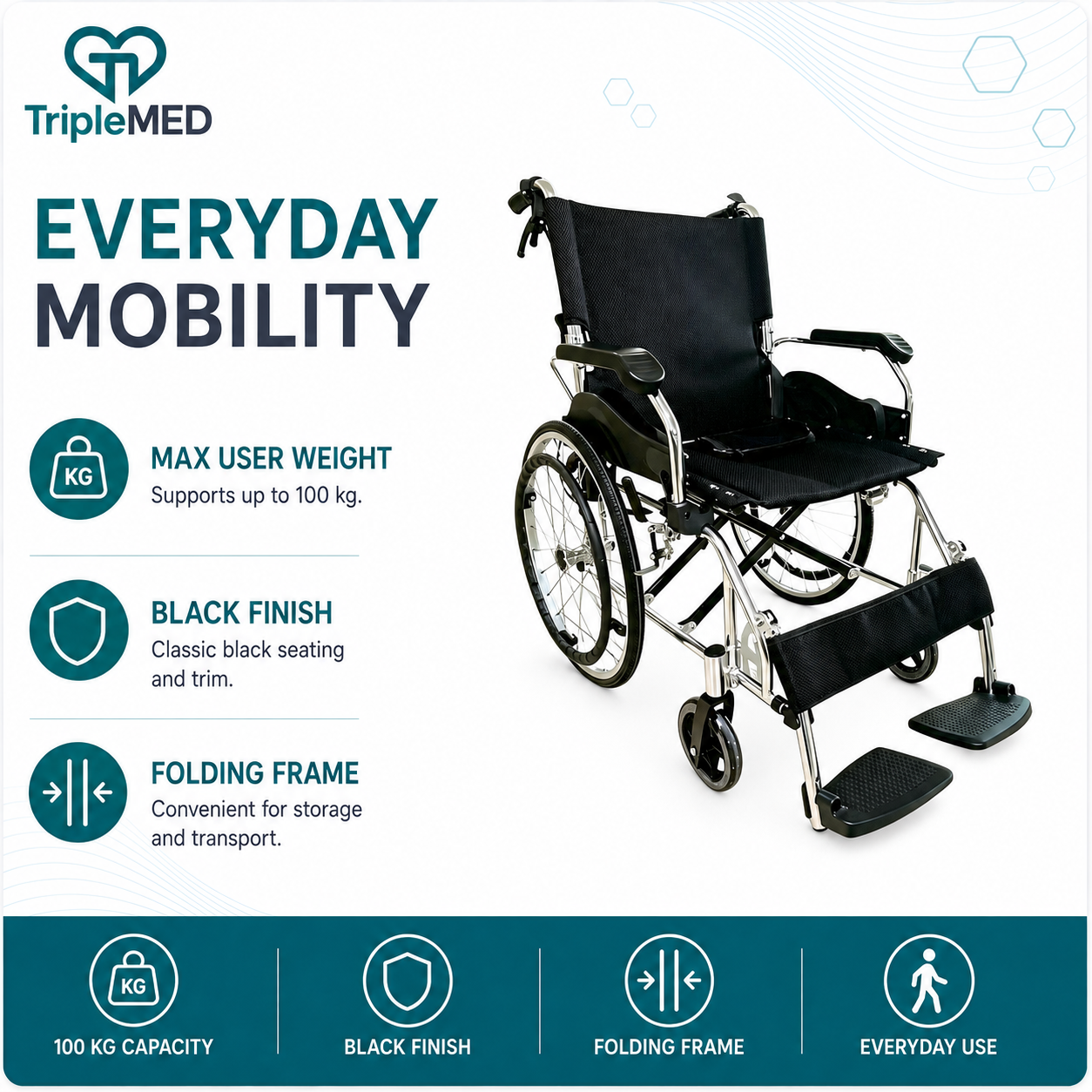 TripleMED Lightweight Foldable Aluminium Manual Wheelchair - Black