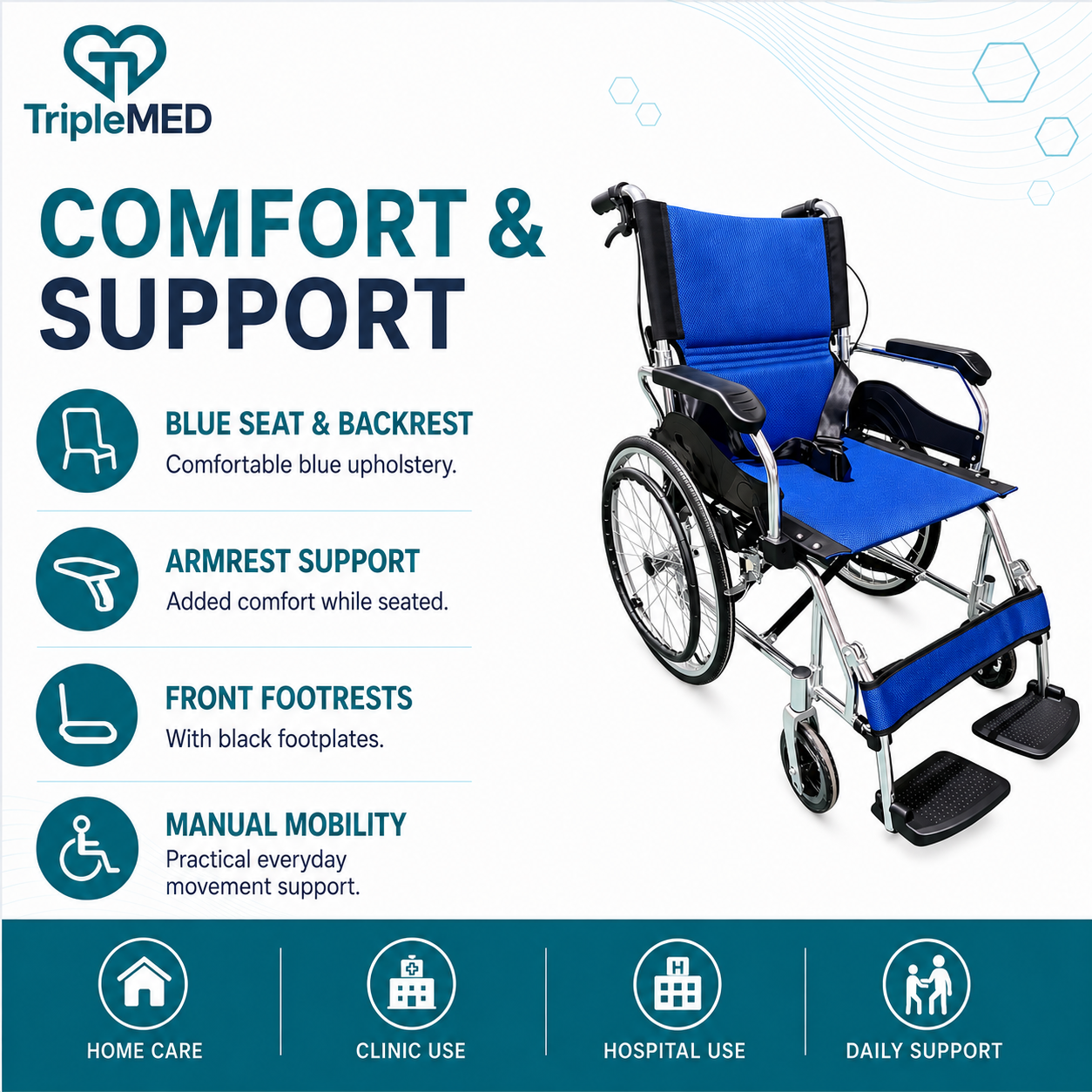 TripleMED Lightweight Foldable Aluminium Manual Wheelchair - Blue
