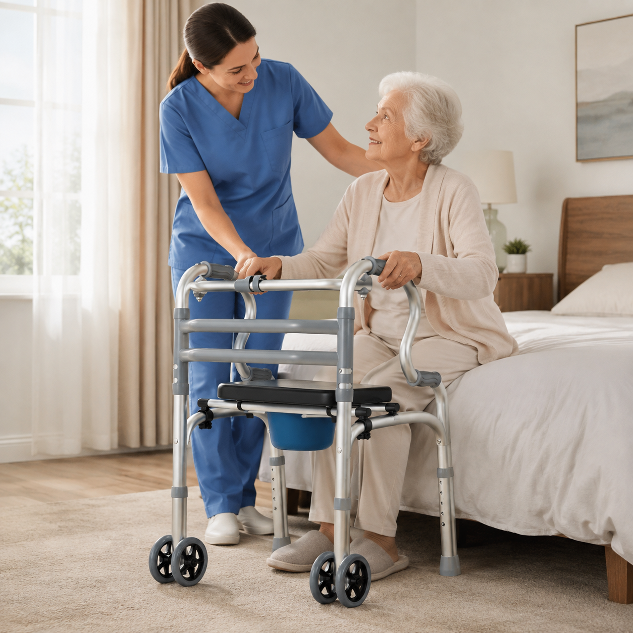 TripleMED 2-in-1 Foldable Commode Walker with Wheels Silver
