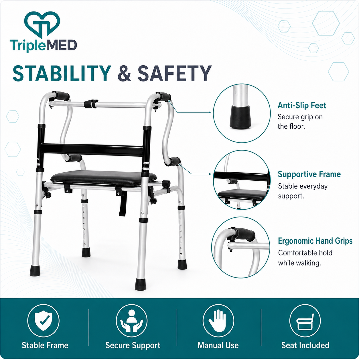 TripleMED Foldable Mobility Walker with Flip-Up Seat & Wheels