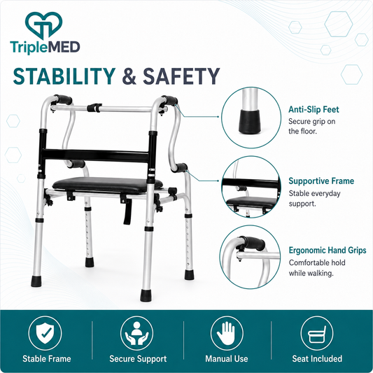 TripleMED Foldable Mobility Walker with Flip-Up Seat & Wheels