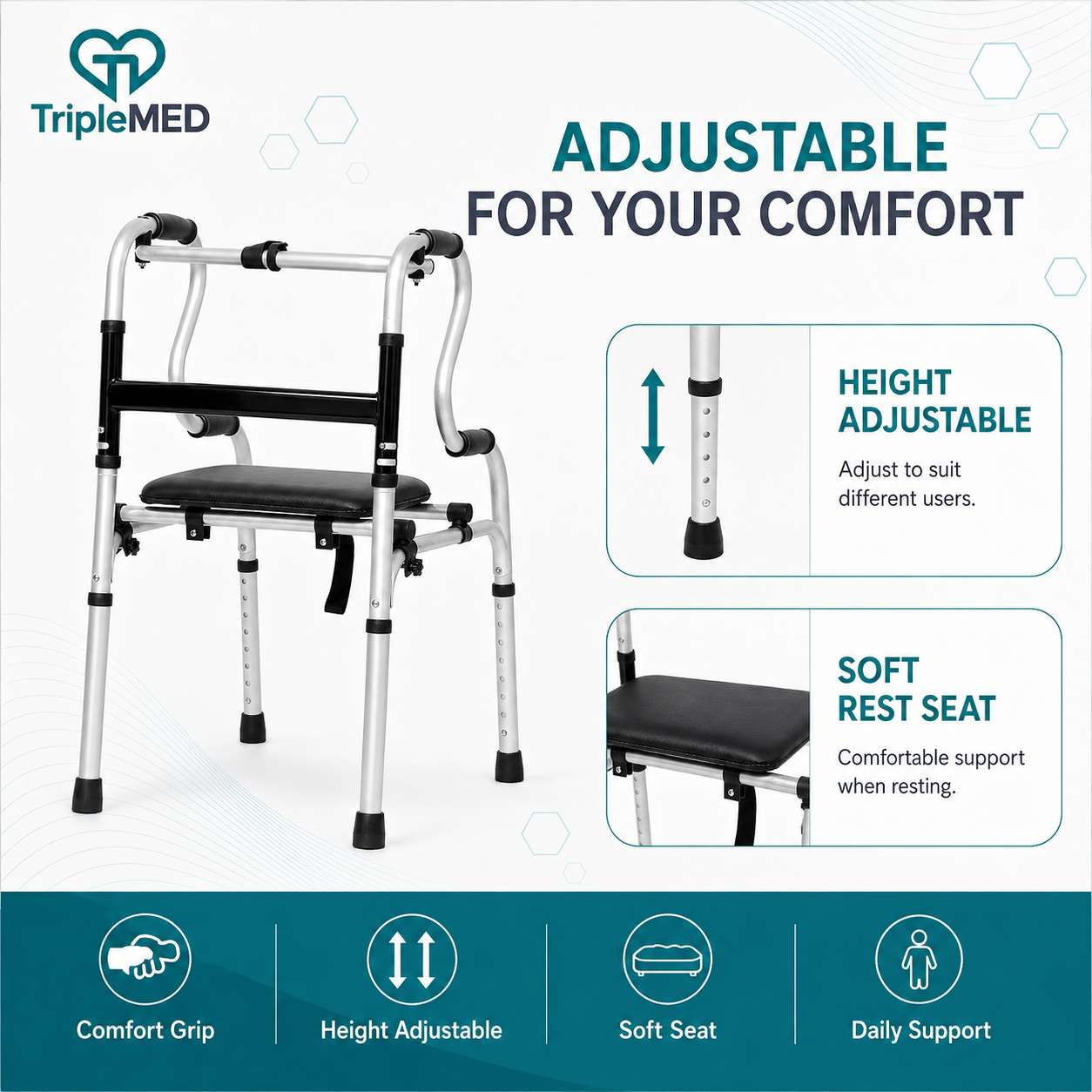 TripleMED Foldable Mobility Walker with Flip-Up Seat & Wheels