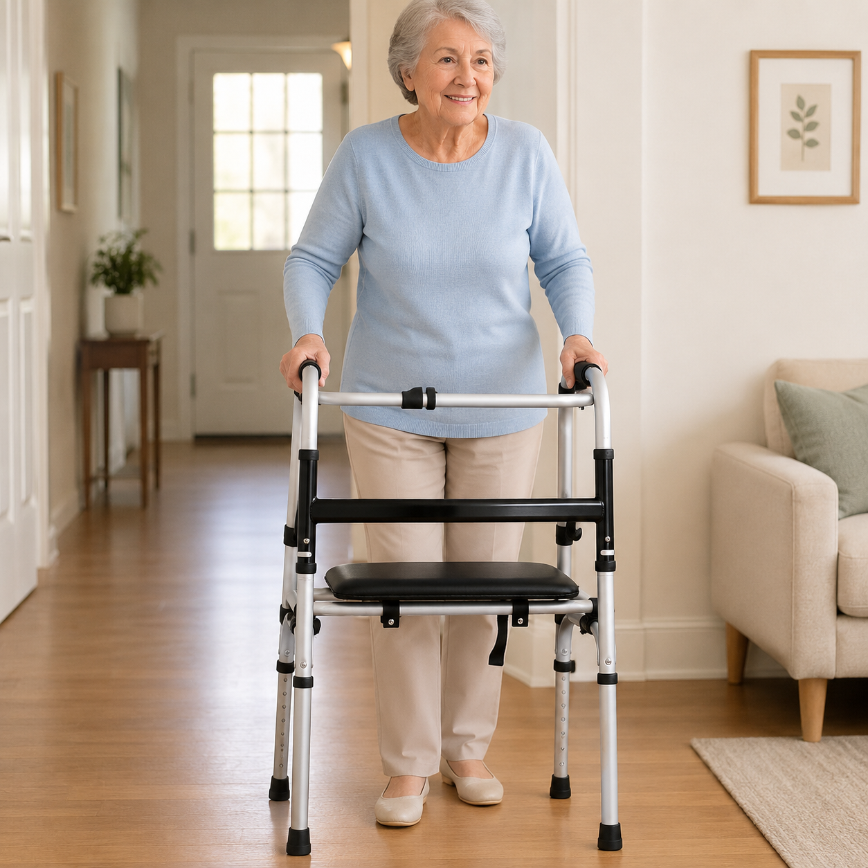 TripleMED Foldable Mobility Walker with Flip-Up Seat & Wheels