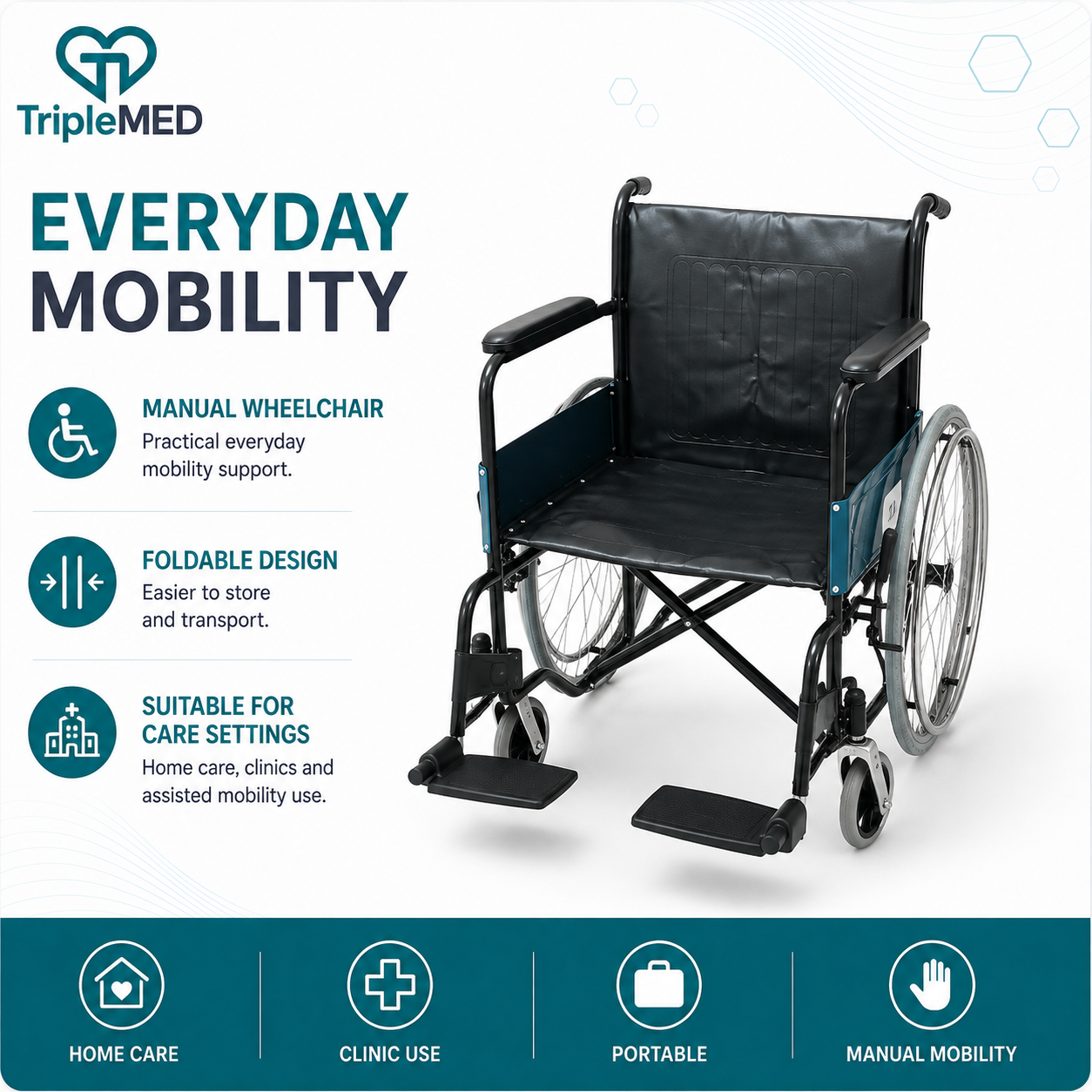 TripleMED Aluminium Manual Wheelchair with 46cm Seat - Black