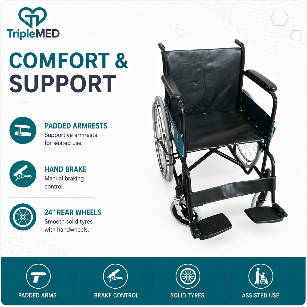 TripleMED Aluminium Manual Wheelchair with 46cm Seat - Black