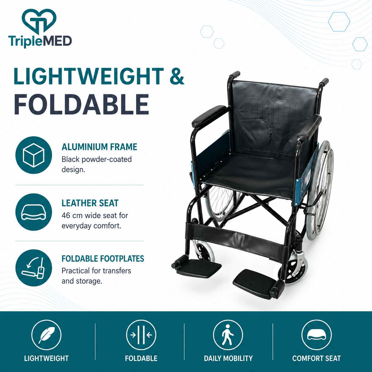 TripleMED Aluminium Manual Wheelchair with 46cm Seat - Black