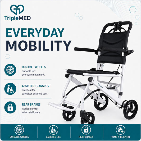 TripleMED Lightweight Foldable Transport Wheelchair - White