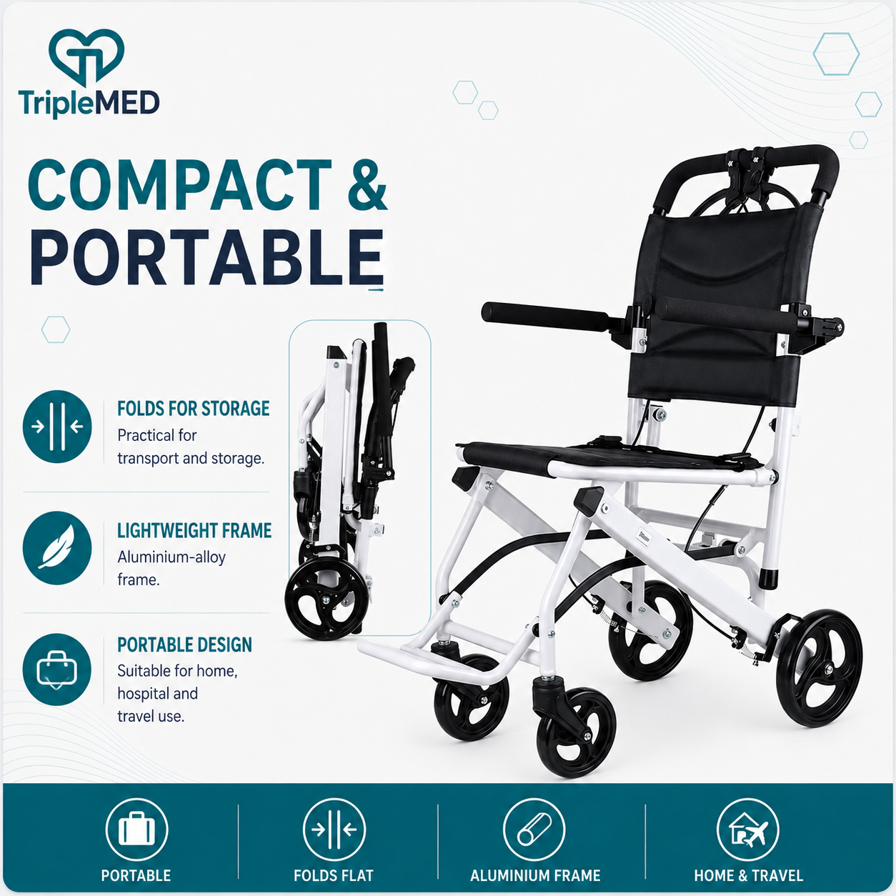 TripleMED Lightweight Foldable Transport Wheelchair - White