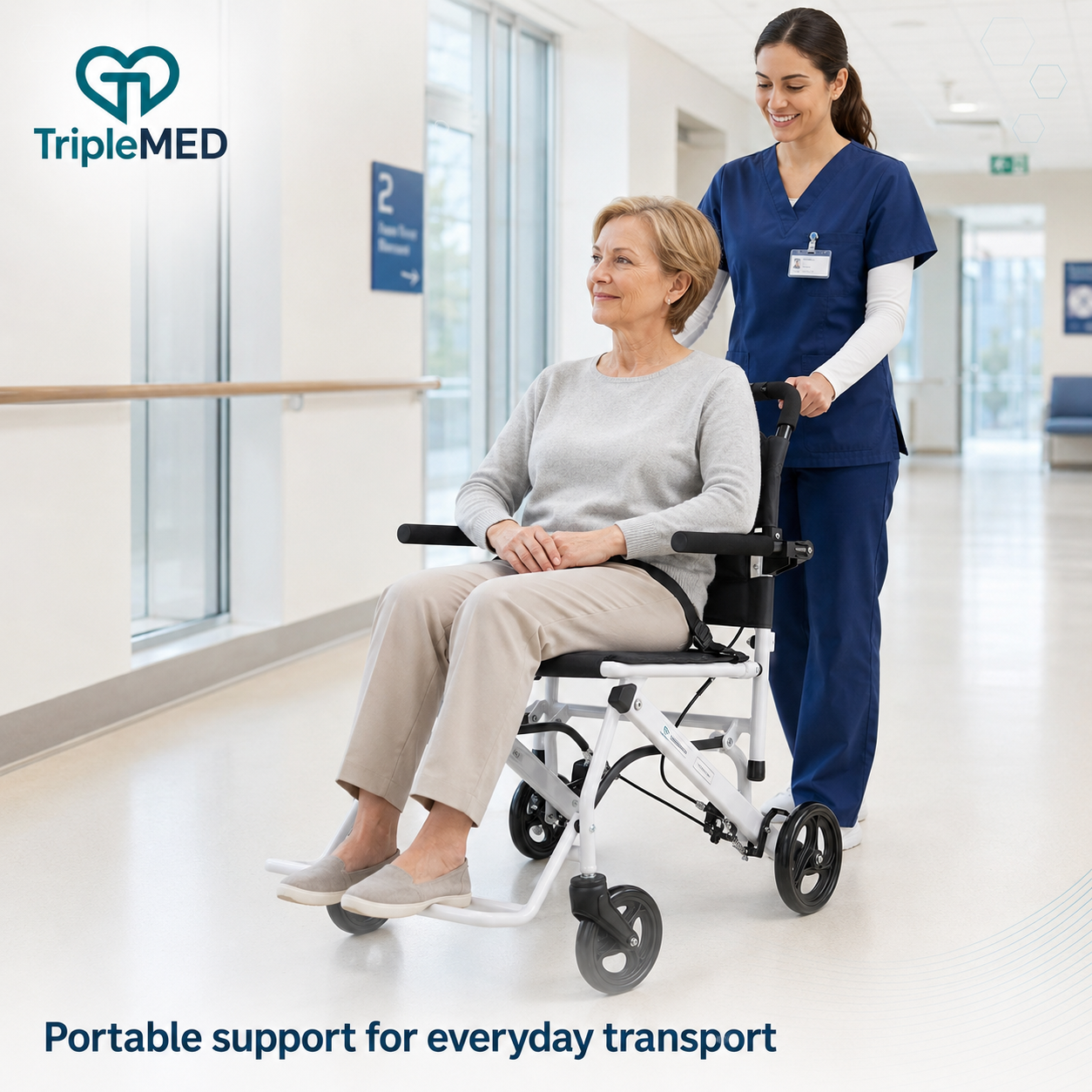 TripleMED Lightweight Foldable Transport Wheelchair - White