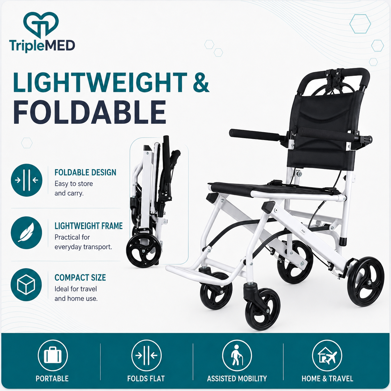 TripleMED Lightweight Foldable Transport Wheelchair - White