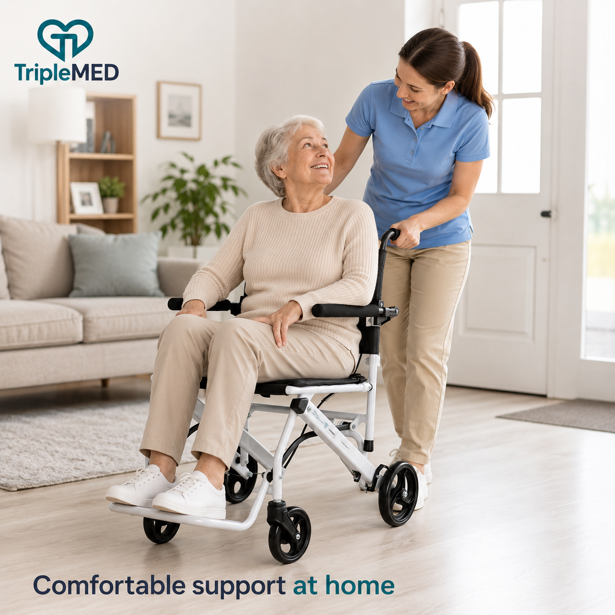 TripleMED Lightweight Foldable Transport Wheelchair - White