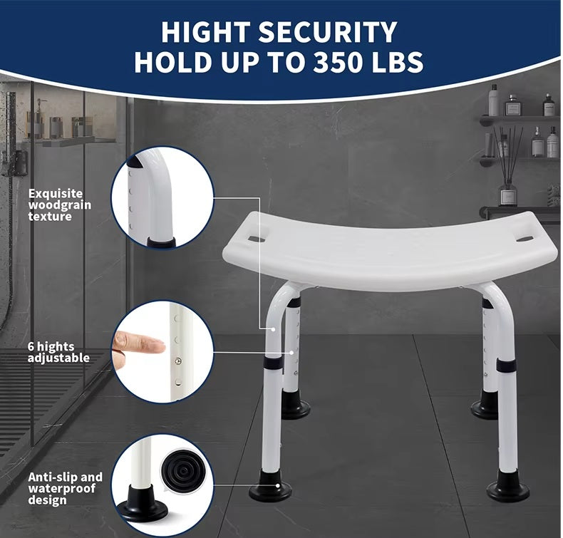 Adjustable Shower Stool - White & Grey Aluminium Frame, Anti-Slip Feet