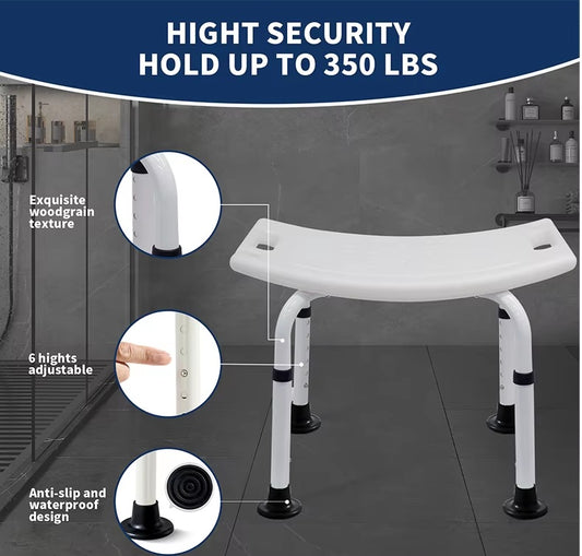 Adjustable Shower Stool - White & Grey Aluminium Frame, Anti-Slip Feet