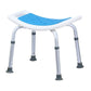 Blue shower seat with metal frame on a white background