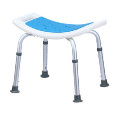 Blue shower seat with metal frame on a white background