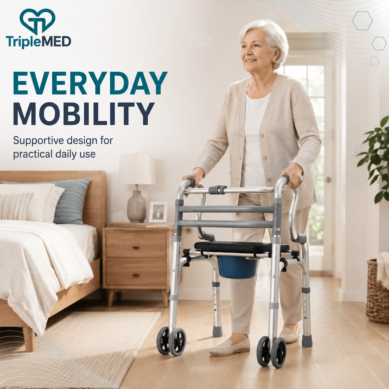 TripleMED 2-in-1 Foldable Commode Walker with Wheels Silver