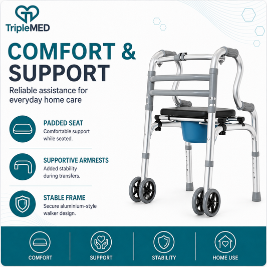 TripleMED 2-in-1 Foldable Commode Walker with Wheels Silver