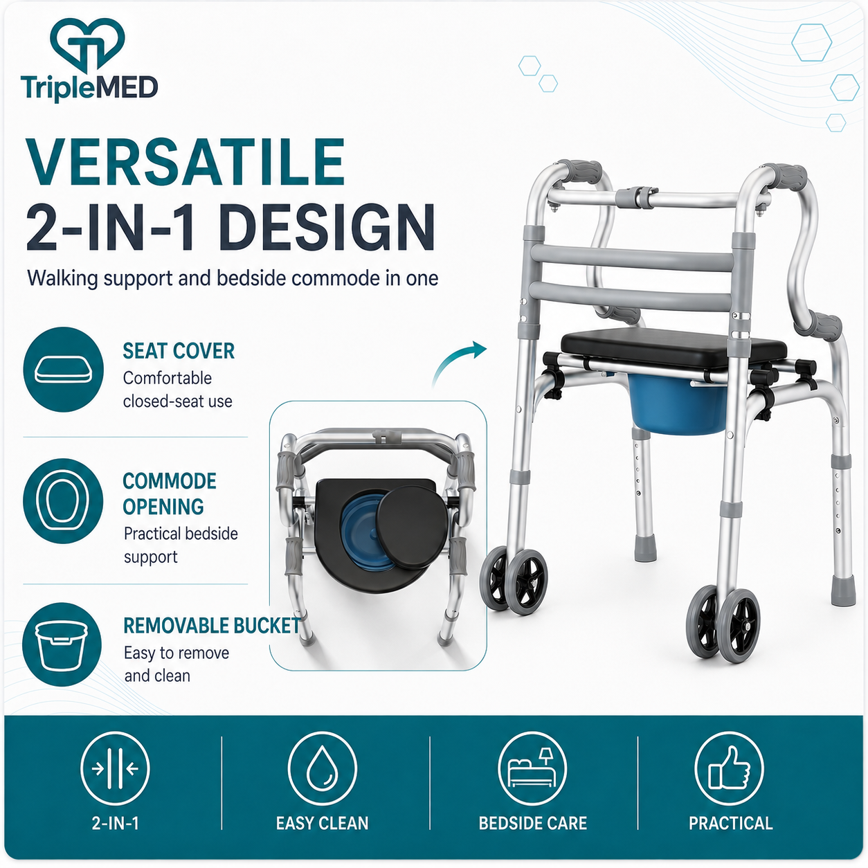 TripleMED 2-in-1 Foldable Commode Walker with Wheels Silver
